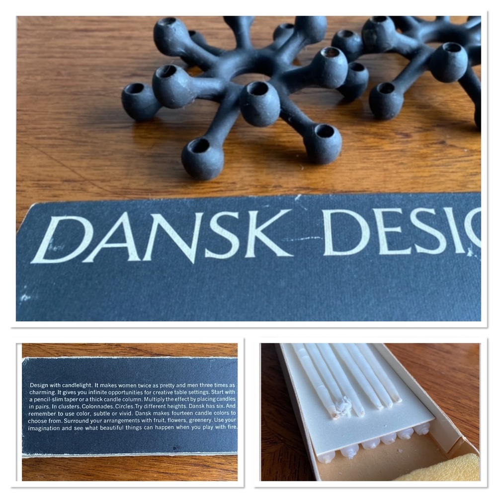 DANSK DESIGNS Candle Holders (2) + Box of Mid-Century Tapered Candles
